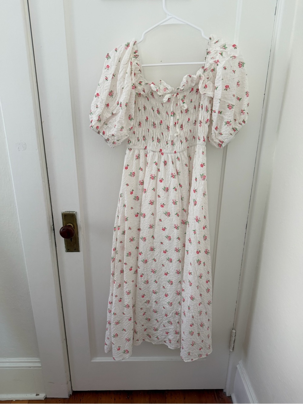 100% Cotton - Smocked Puff-Sleeve Floral Midi Dress - White Floral - Cottagecore